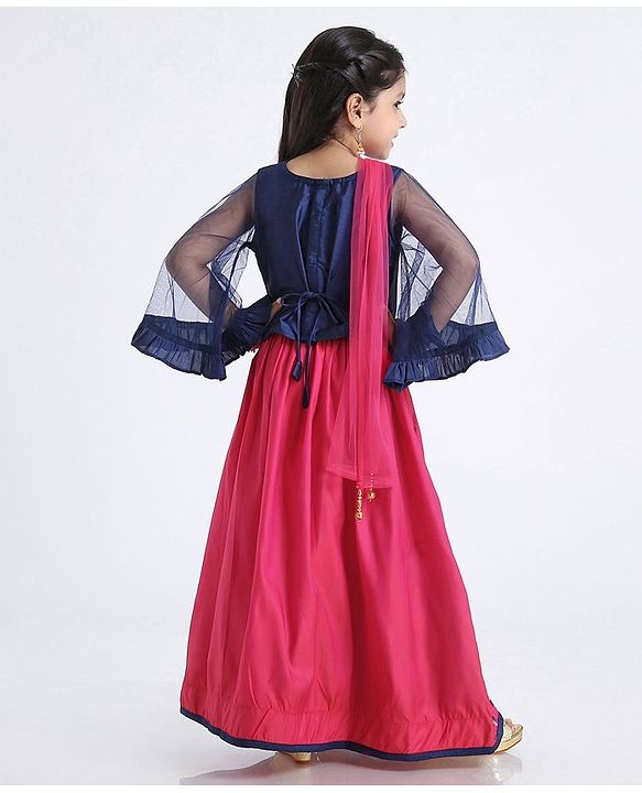 Babyhug Full Sleeves Floral Embroidered Lehenga Set - Navy Blue Pink