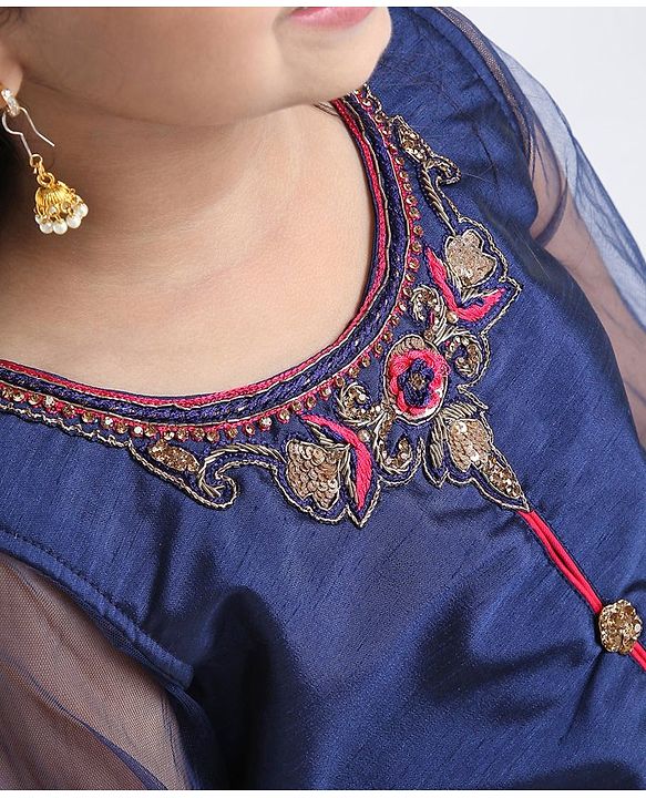 Babyhug Full Sleeves Floral Embroidered Lehenga Set - Navy Blue Pink