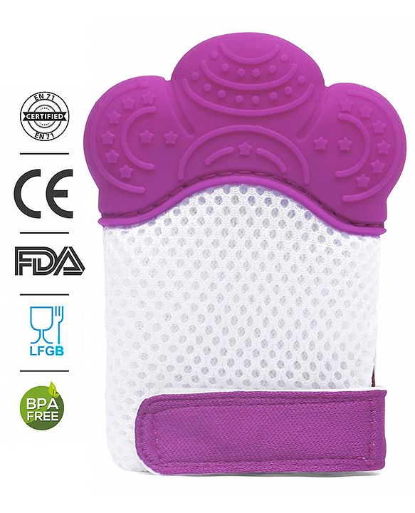 Babyhug Silicone Teether Mitten Glove Mitten Print - Purple - 10.2 x 7 x 1.5 cm Pink