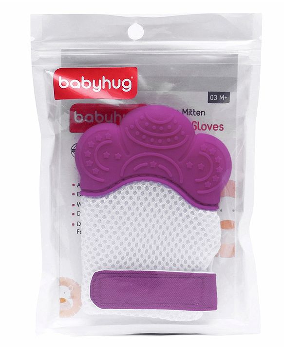 Babyhug Silicone Teether Mitten Glove Mitten Print - Purple - 10.2 x 7 x 1.5 cm Pink
