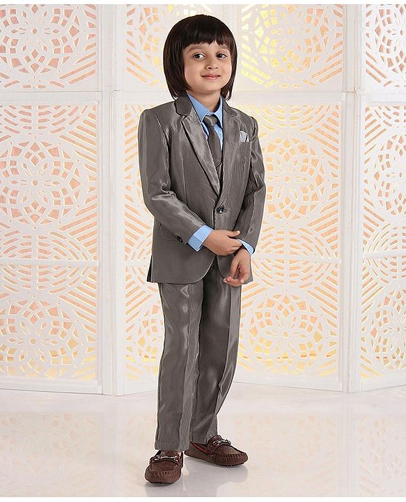 Babyhug 4 Piece Full Sleeves Party Suit With Tie & Pocket Square - Grey