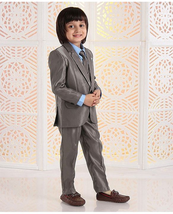 Babyhug 4 Piece Full Sleeves Party Suit With Tie & Pocket Square - Grey
