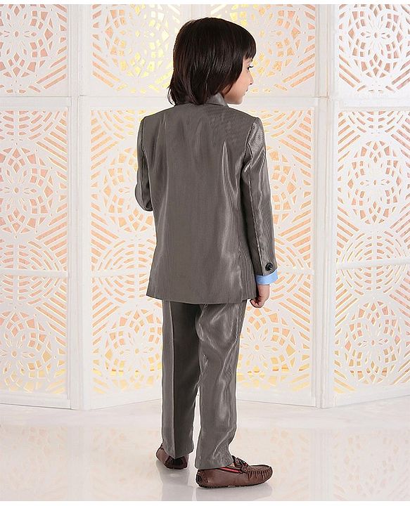 Babyhug 4 Piece Full Sleeves Party Suit With Tie & Pocket Square - Grey