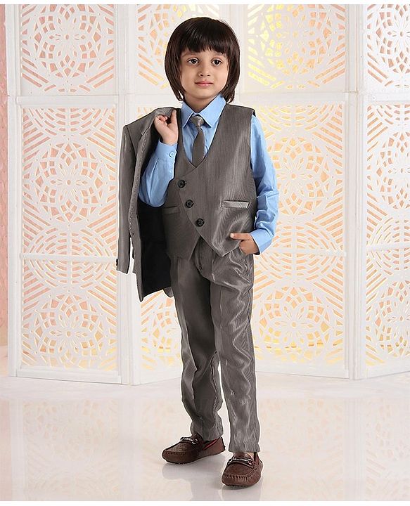 Babyhug 4 Piece Full Sleeves Party Suit With Tie & Pocket Square - Grey