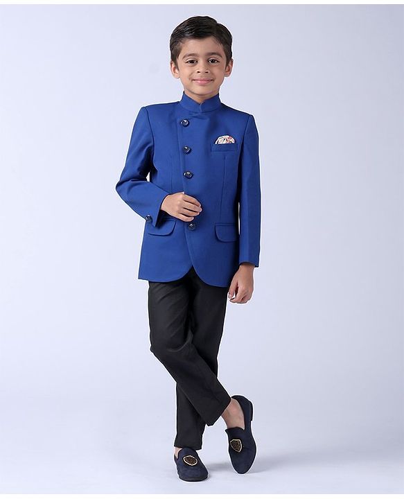 Babyhug Full Sleeves Party Wear Blazer And Trouser - Blue Black