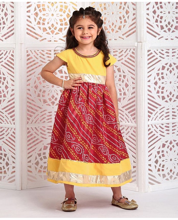 Babyhug Cap Sleeves Ethnic Dress Baandhani Print - Yellow Red - 18-24m Yellow