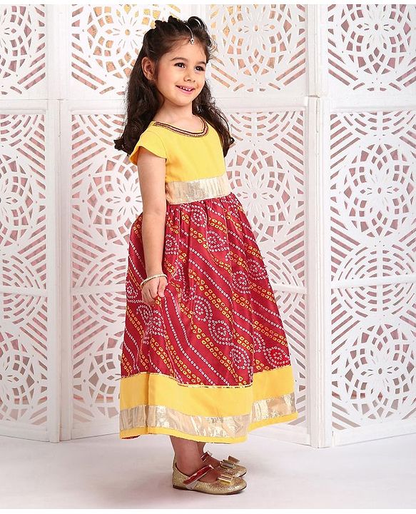 Babyhug Cap Sleeves Ethnic Dress Baandhani Print - Yellow Red - 18-24m Yellow