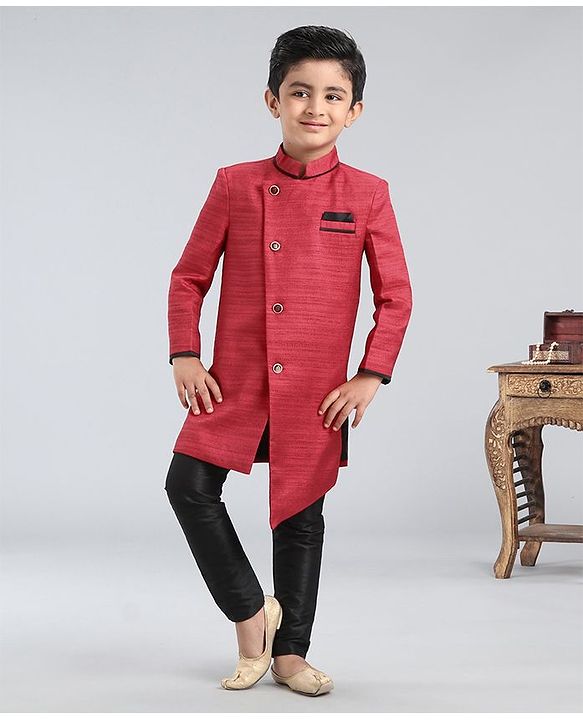 Babyhug Full Sleeves Asymmetric Style Solid Sherwani With Pocket Square - Red - 2-3Y Red