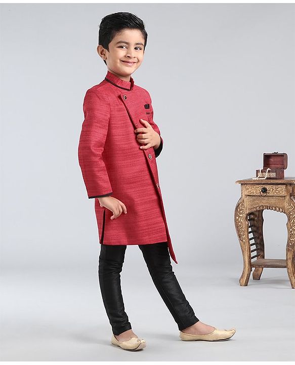 Babyhug Full Sleeves Asymmetric Style Solid Sherwani With Pocket Square - Red - 2-3Y Red