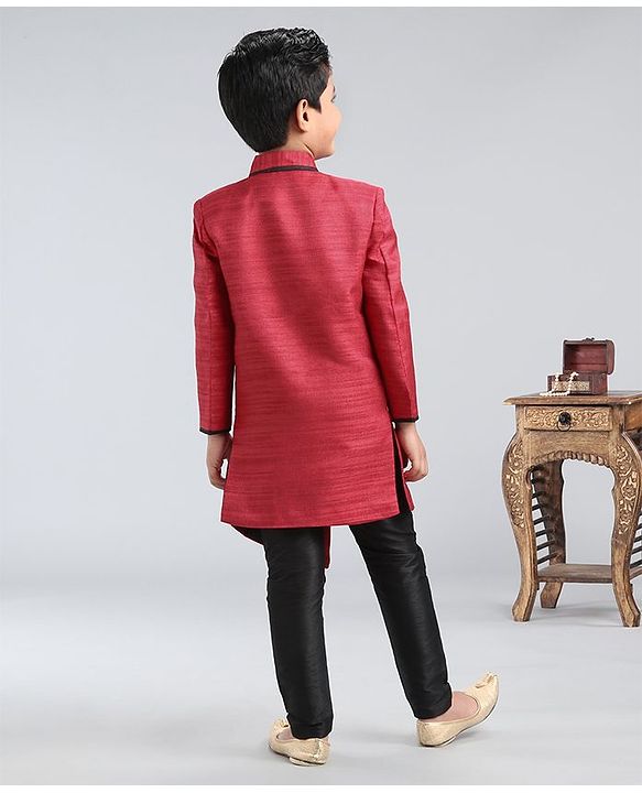 Babyhug Full Sleeves Asymmetric Style Solid Sherwani With Pocket Square - Red - 2-3Y Red