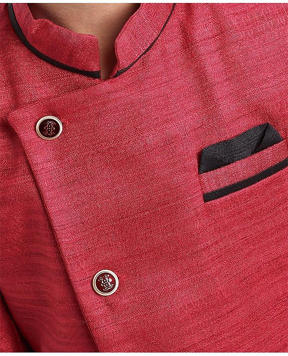 Babyhug Full Sleeves Asymmetric Style Solid Sherwani With Pocket Square - Red - 2-3Y Red
