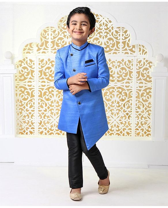 Babyhug Full Sleeves Sherwani With Pocket Square - Blue