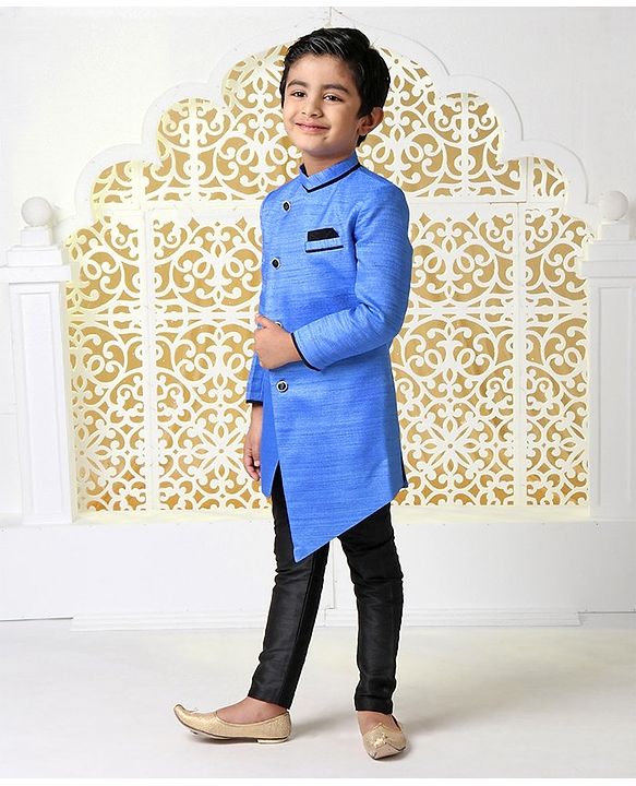 Babyhug Full Sleeves Sherwani With Pocket Square - Blue