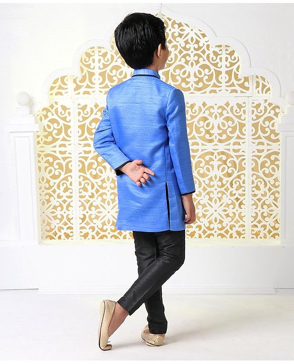 Babyhug Full Sleeves Sherwani With Pocket Square - Blue