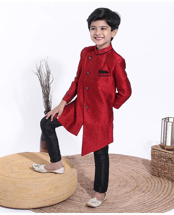 Babyhug Full Sleeves Abstract Woven Asymmetric Sherwani - Marroon Black