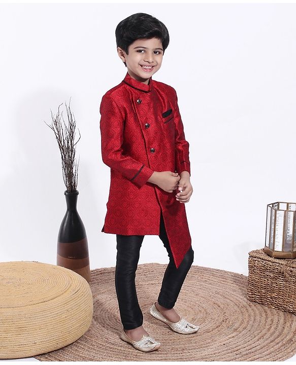 Babyhug Full Sleeves Abstract Woven Asymmetric Sherwani - Marroon Black