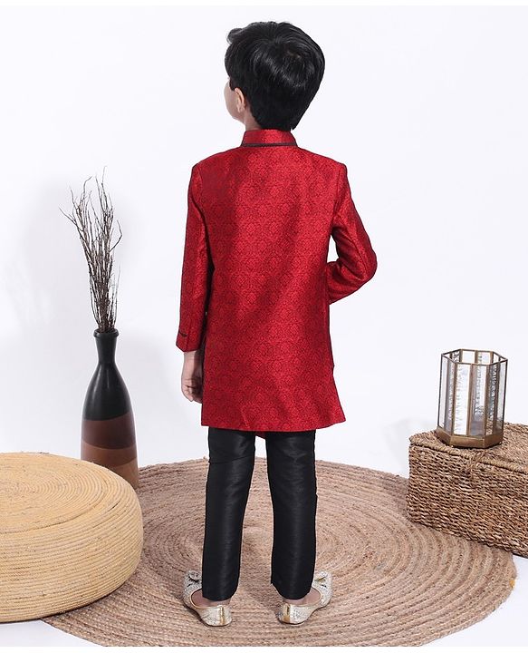 Babyhug Full Sleeves Abstract Woven Asymmetric Sherwani - Marroon Black