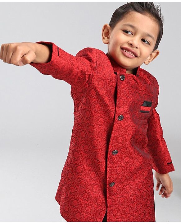 Babyhug Full Sleeves Abstract Woven Asymmetric Sherwani - Marroon Black