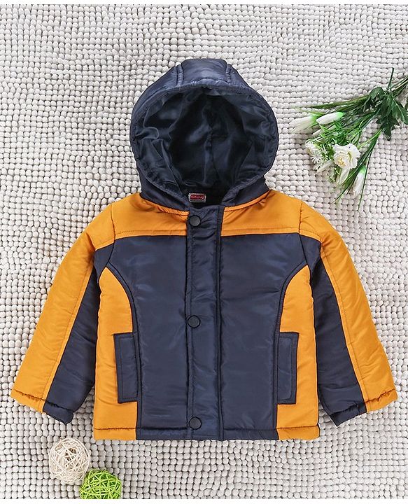 Babyhug Full Sleeves Hooded Winter Jacket - Yellow Navy Blue