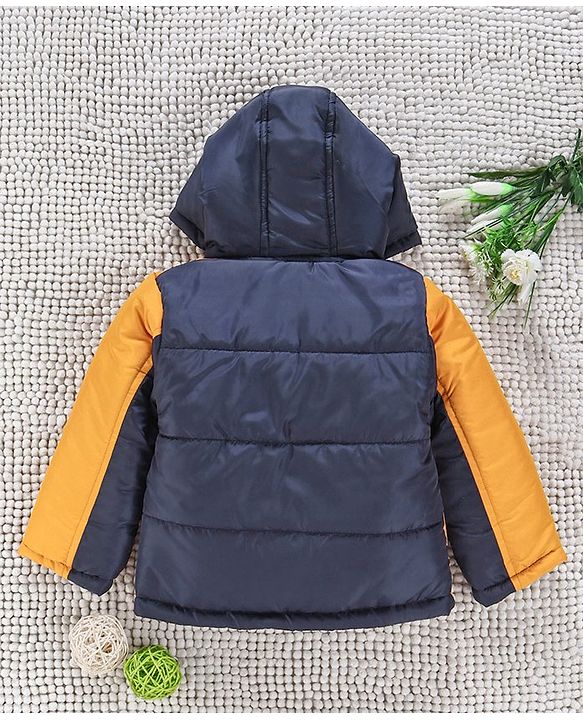 Babyhug Full Sleeves Hooded Winter Jacket - Yellow Navy Blue