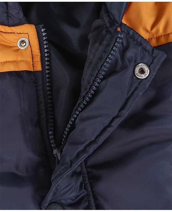 Babyhug Full Sleeves Hooded Winter Jacket - Yellow Navy Blue