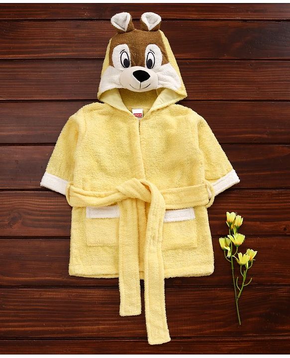 Babyhug Cotton Three Fourth Sleeves 3D Hooded Bath Robe Mouse Design - Yellow