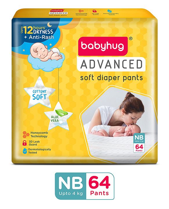 Babyhug Advanced Pant Style Diapers New Born (NB) Size - 64 Pieces, Honeycomb Technology, Cottony Soft Diaper with 3D Leak Guard, Latex & Alcohol Free, Anti-rash & Gentle