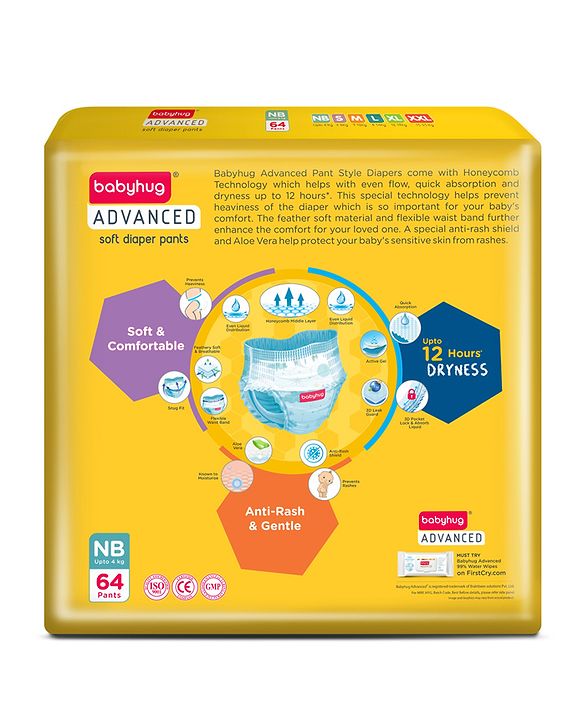 Babyhug Advanced Pant Style Diapers New Born (NB) Size - 64 Pieces, Honeycomb Technology, Cottony Soft Diaper with 3D Leak Guard, Latex & Alcohol Free, Anti-rash & Gentle