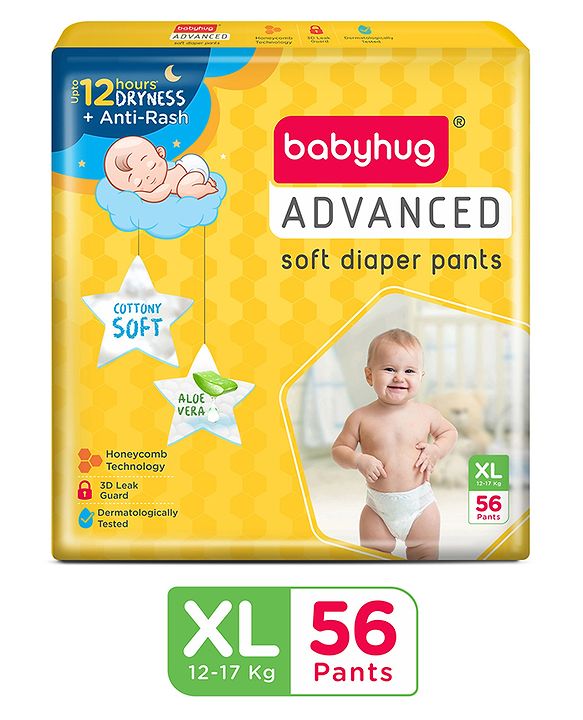 Babyhug Advanced Pant Style Diapers Extra Large (XL) Size   - 56 Pieces, Honeycomb Technology, Cottony Soft Diaper with 3D Leak Guard, Latex & Alcohol Free, Anti-rash & Gentle