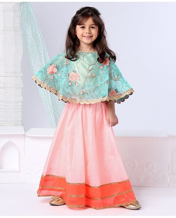 Babyhug Poncho Style Lehenga Set Floral Embroidered - Peach