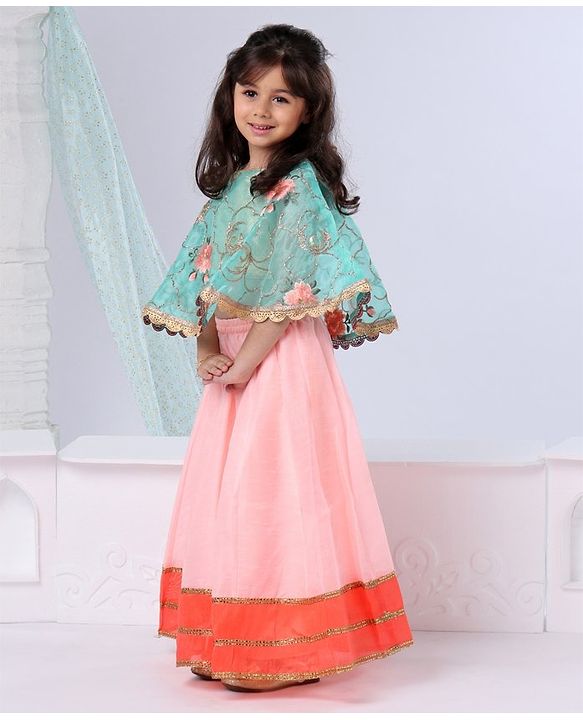 Babyhug Poncho Style Lehenga Set Floral Embroidered - Peach