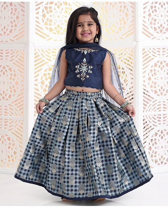 Babyhug Sleeveless Choli And Check Lehenga With Dupatta Studded Detailing - Navy Blue