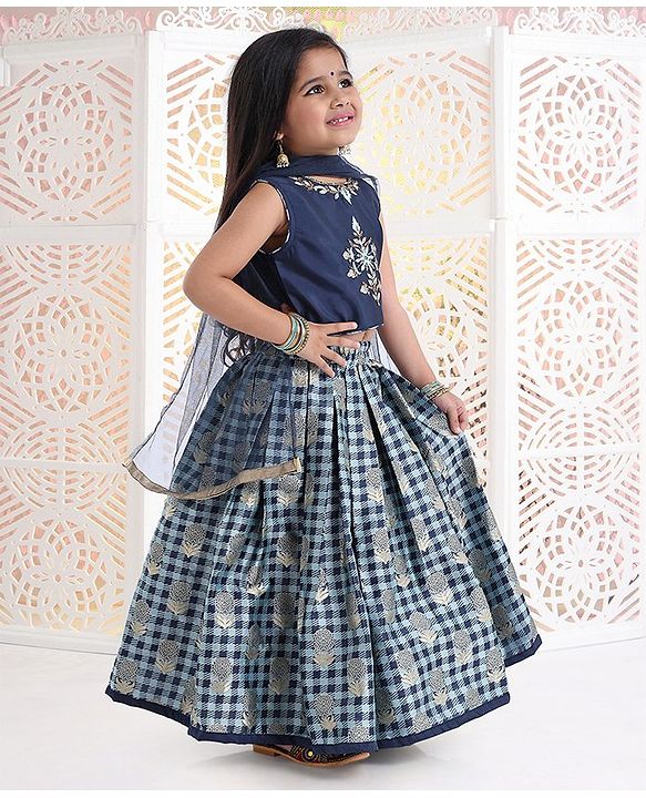 Babyhug Sleeveless Choli And Check Lehenga With Dupatta Studded Detailing - Navy Blue