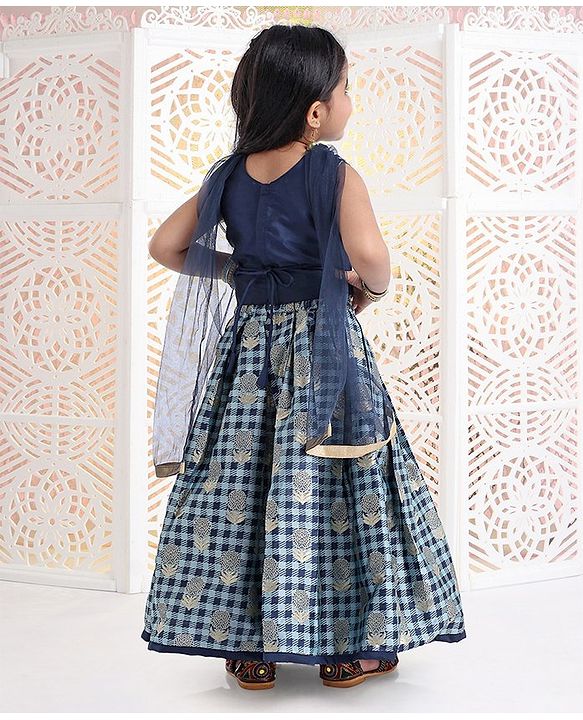 Babyhug Sleeveless Choli And Check Lehenga With Dupatta Studded Detailing - Navy Blue