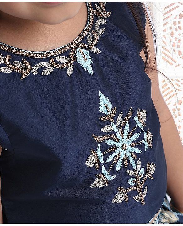 Babyhug Sleeveless Choli And Check Lehenga With Dupatta Studded Detailing - Navy Blue