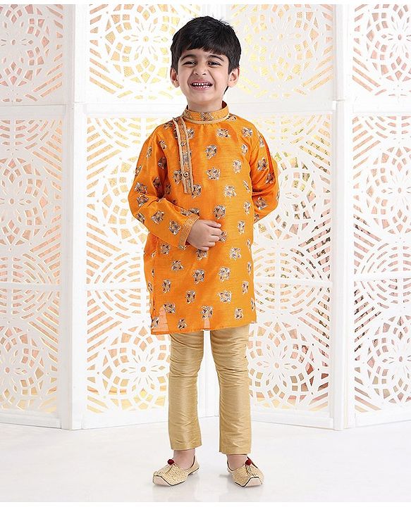 Babyhug Full Sleeves Printed Kurta Pyjama Set - Orange