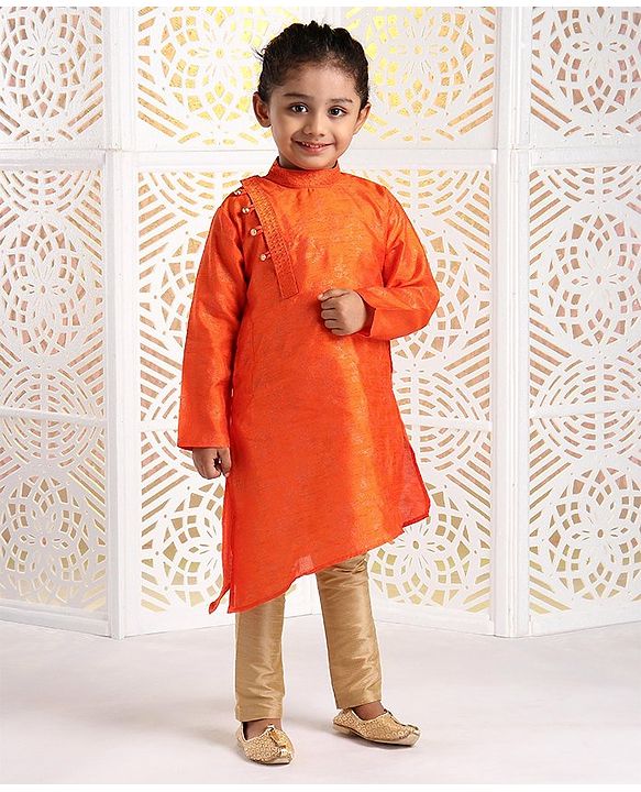 Babyhug Full Sleeves Asymmetric Kurta And Pyjama Set - Orange
