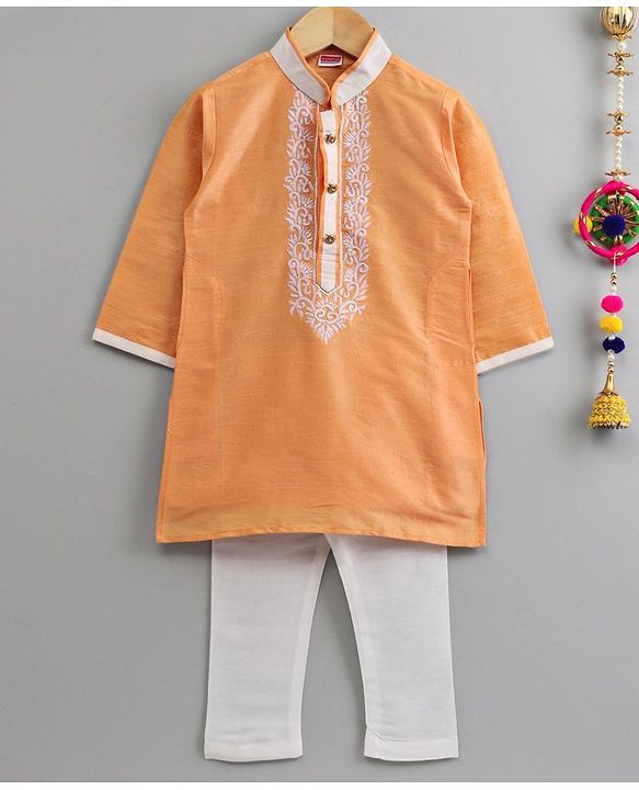 Babyhug Full Sleeves Kurta And Pyjama Set Embroidered - Yellow White