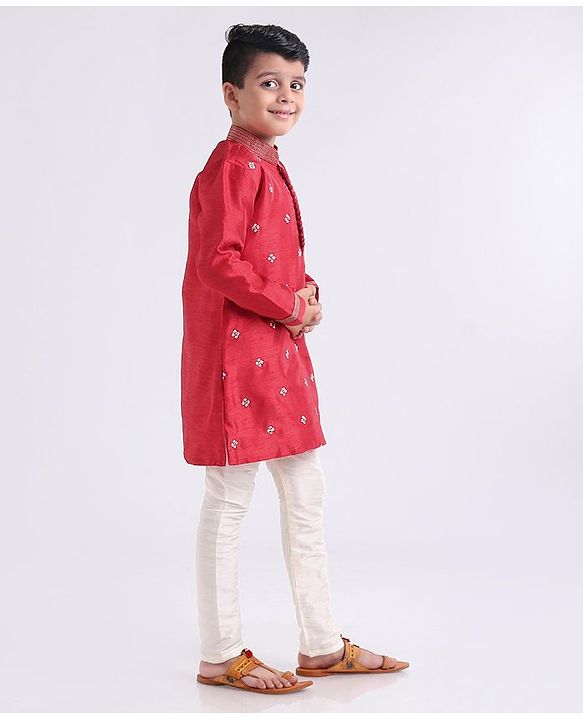Babyhug Full Sleeves Kurta And Pyjama Set Floral Embroidery - Maroon White