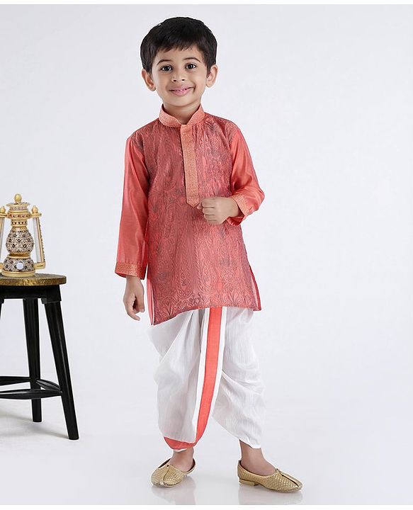 Babyhug Full Sleeves Embroidered Dhoti Kurta Set - Coral