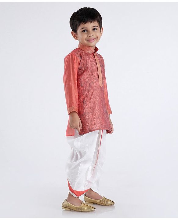Babyhug Full Sleeves Embroidered Dhoti Kurta Set - Coral