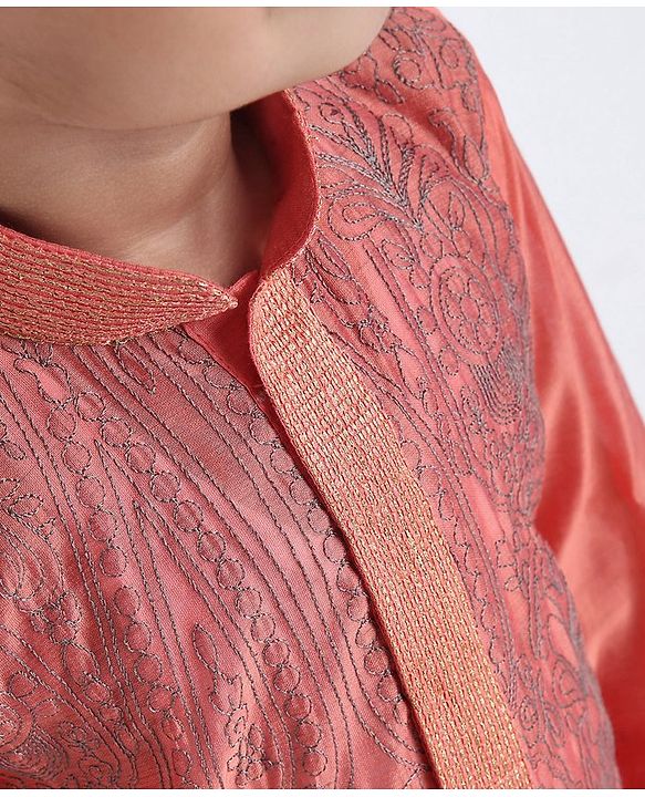 Babyhug Full Sleeves Embroidered Dhoti Kurta Set - Coral
