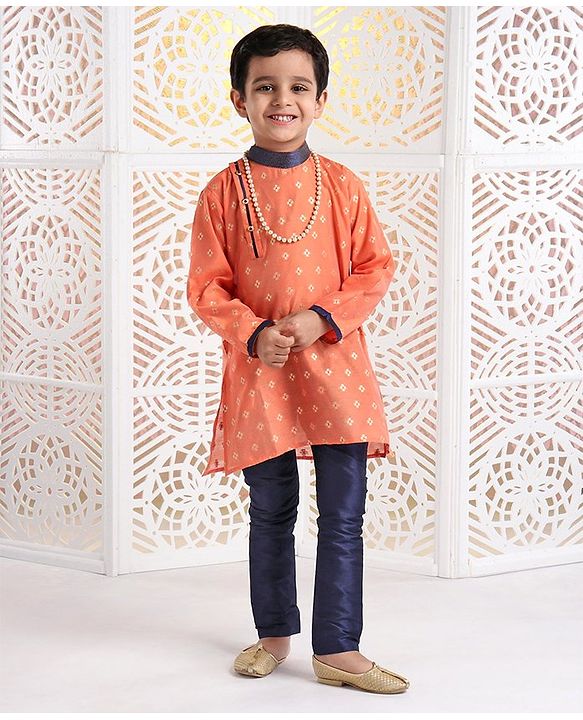 Babyhug Full Sleeves Printed Kurta With Pyjama - Orange