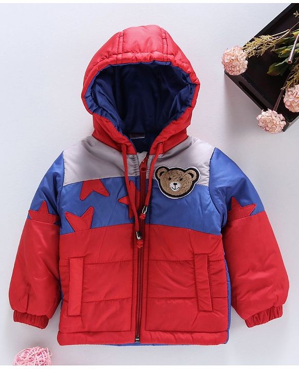 Babyhug Full Sleeves Hooded Jacket Bear Patch - Red Blue - 9-12 M Red