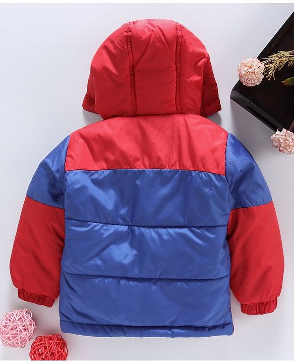 Babyhug Full Sleeves Hooded Jacket Bear Patch - Red Blue - 9-12 M Red