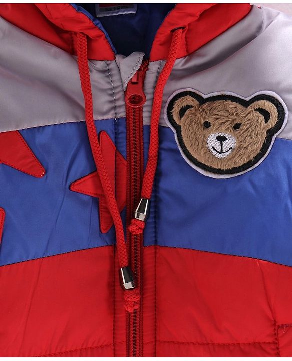 Babyhug Full Sleeves Hooded Jacket Bear Patch - Red Blue - 9-12 M Red