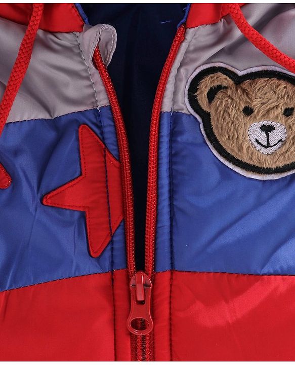 Babyhug Full Sleeves Hooded Jacket Bear Patch - Red Blue - 9-12 M Red