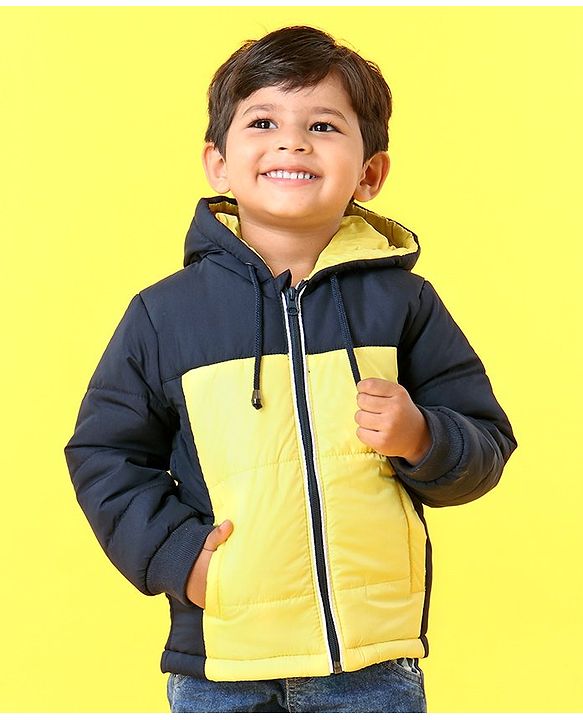 Babyhug Full Sleeves Hooded Winter Jacket - Navy Blue Yellow