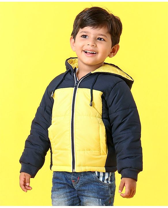 Babyhug Full Sleeves Hooded Winter Jacket - Navy Blue Yellow
