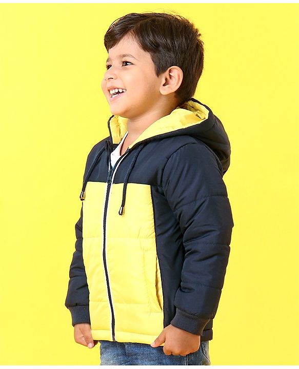 Babyhug Full Sleeves Hooded Winter Jacket - Navy Blue Yellow